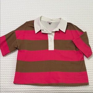Striped Short-Sleeve Polo Top in Pink and Brown by The Kit